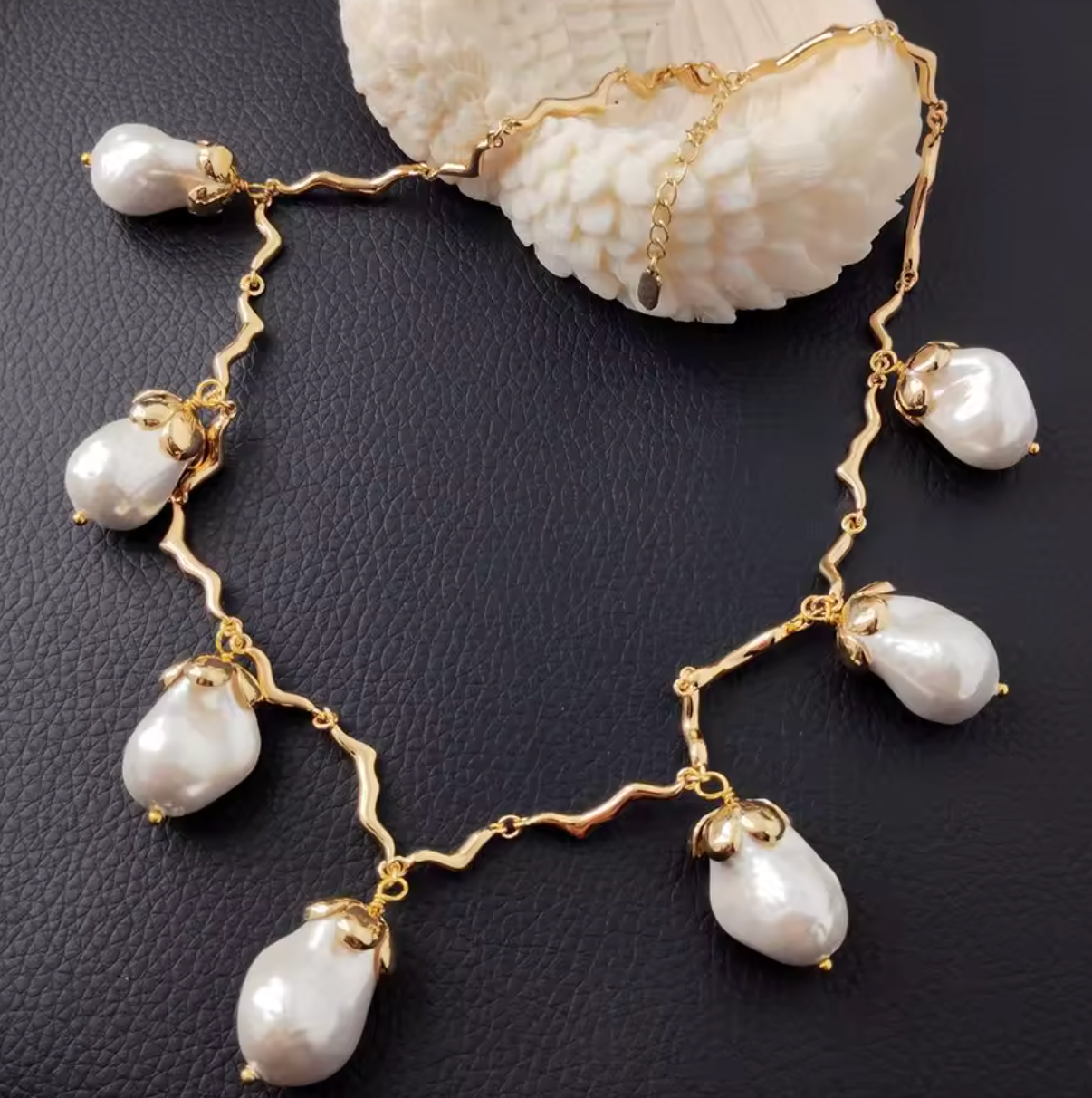 Gold Plated Sea Shell Pearl Chain Link Necklace