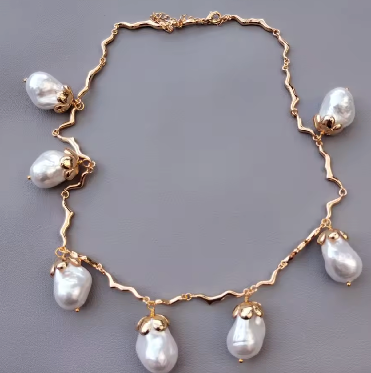 Gold Plated Sea Shell Pearl Chain Link Necklace