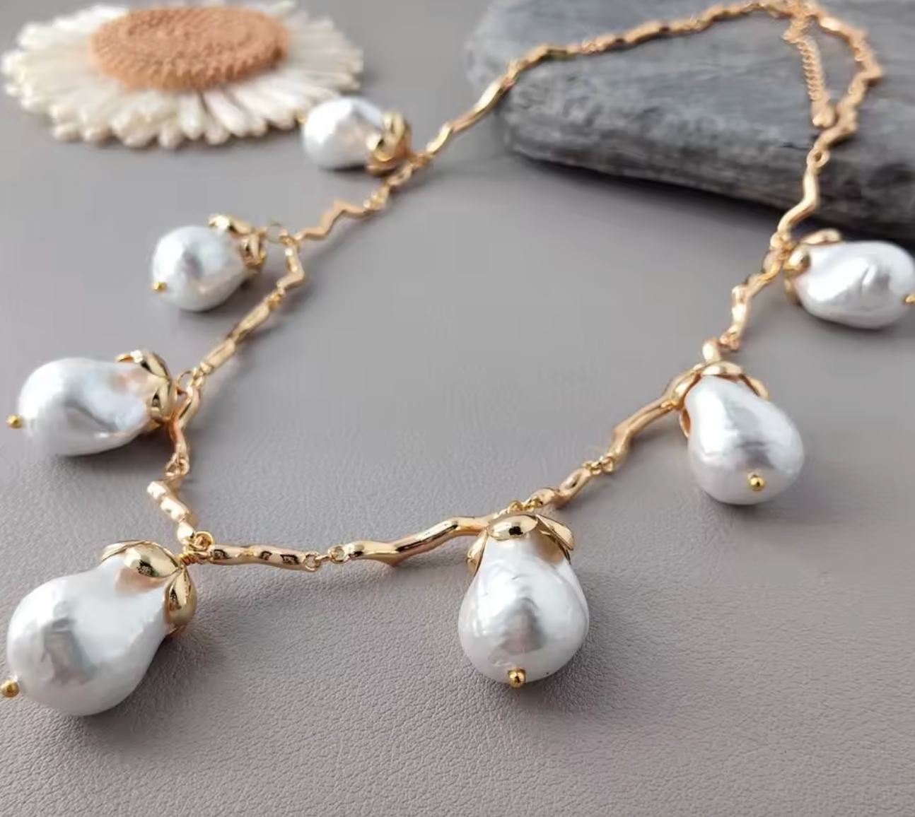Gold Plated Sea Shell Pearl Chain Link Necklace